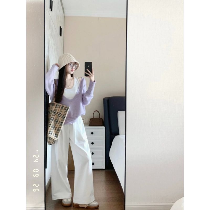 Kumikumi Sweet Style Age-Reducing Knit Women Autumn Short Pullover Sweater White Inner Wear Vest Two-piece Set