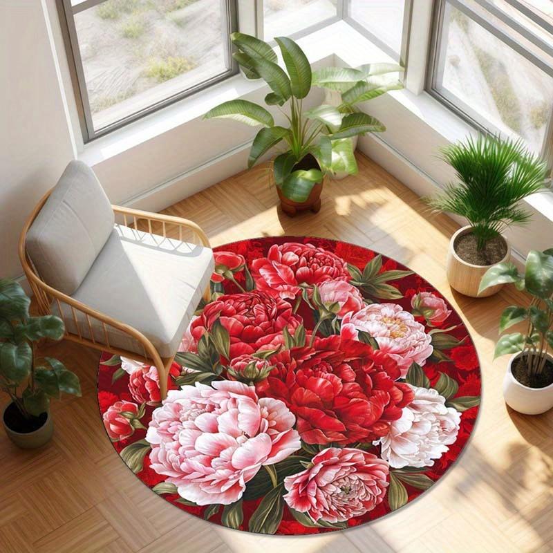 Vivid Red Peony Round Rug, Non-Slip Anti-Shedding Carpet for Living Room, Bedroom, Office Polyester Decor