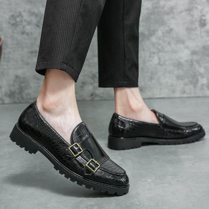 Foreign trade men's large-size monk shoes casual leather shoes 46 one-pedal double-spliced crocodile pattern embossed business men's leather shoes
