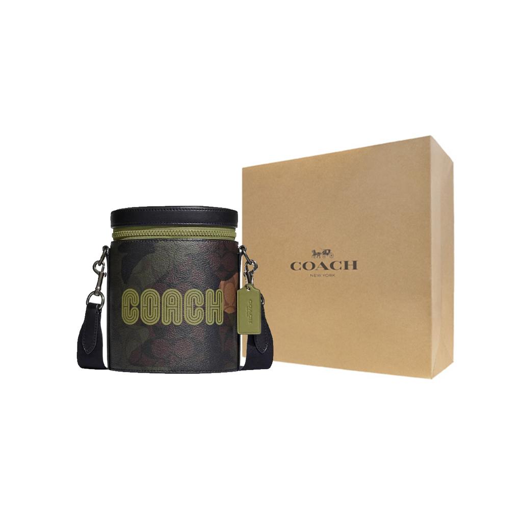 New COACH Barrel Coated Canvas With Smooth Calfskin Bucket Bags Shoulder Bag Crossbody Bag Mini Men's Olive Green CC024-QBUOX