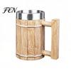 Rustikaler Holzmaserung Bierbecher Fasskrug, 600ml Edelstahl-Einsatz Stein, Isolierter Becher Krug für Kneipe Heimbar Party Geschenk Trinken