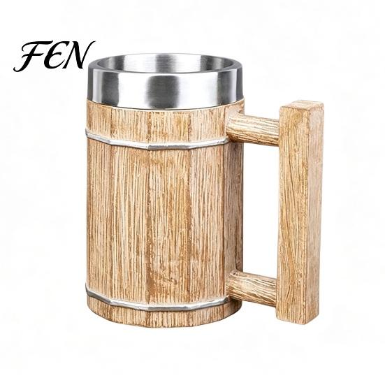 Rustikaler Holzmaserung Bierbecher Fasskrug, 600ml Edelstahl-Einsatz Stein, Isolierter Becher Krug für Kneipe Heimbar Party Geschenk Trinken