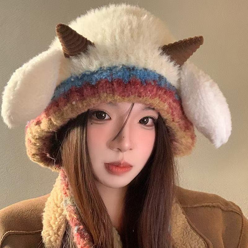 

Cute Thick Plush Knitted Hat Women Girls Winter Warm Ear Protection Horn Pullover Beanie