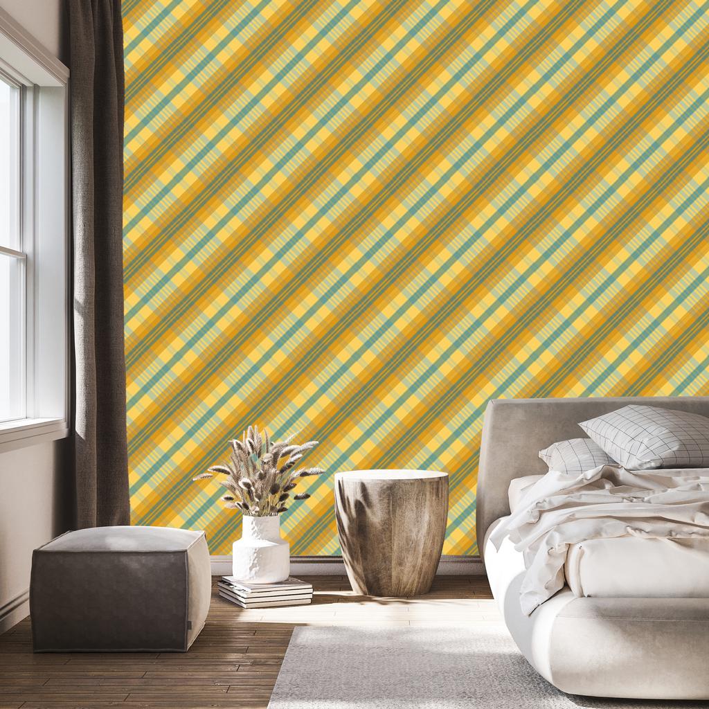 Yellow and blue checkered wallpaper gold, yellow, beige and lime 50x1000