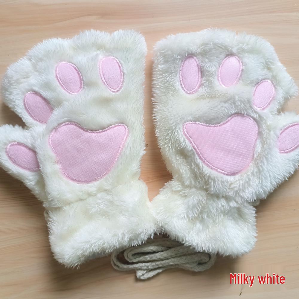 Women's Cute Cartoon Bear Paw Fingerless Plush Gloves with Hanging Neck
