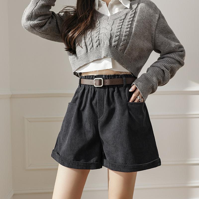 Sztruksowe szorty na co dzień z wysokim stanem, damskie luźne spodnie z szerokimi nogawkami w kształcie litery A