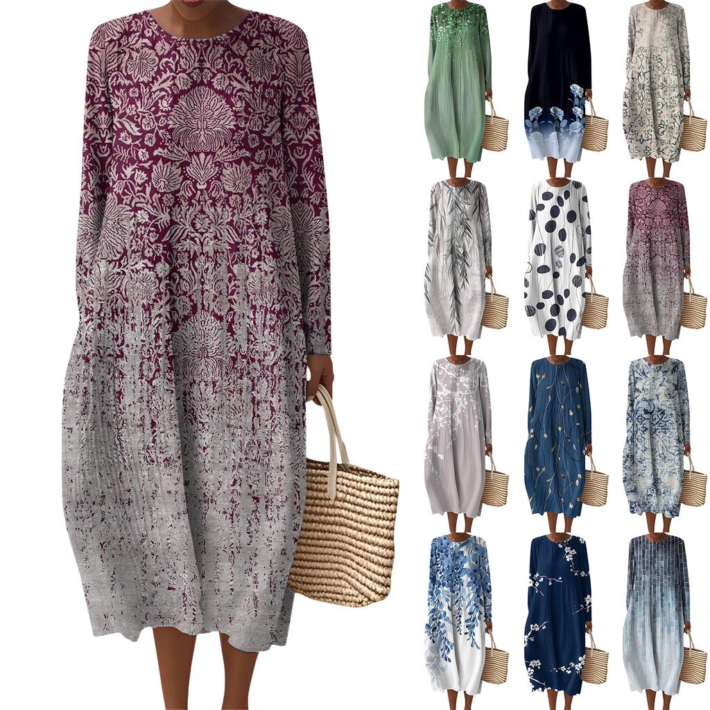 Women's Fashionable Casual Long-Sleeved Round Neck Floral Print Zipper Dress