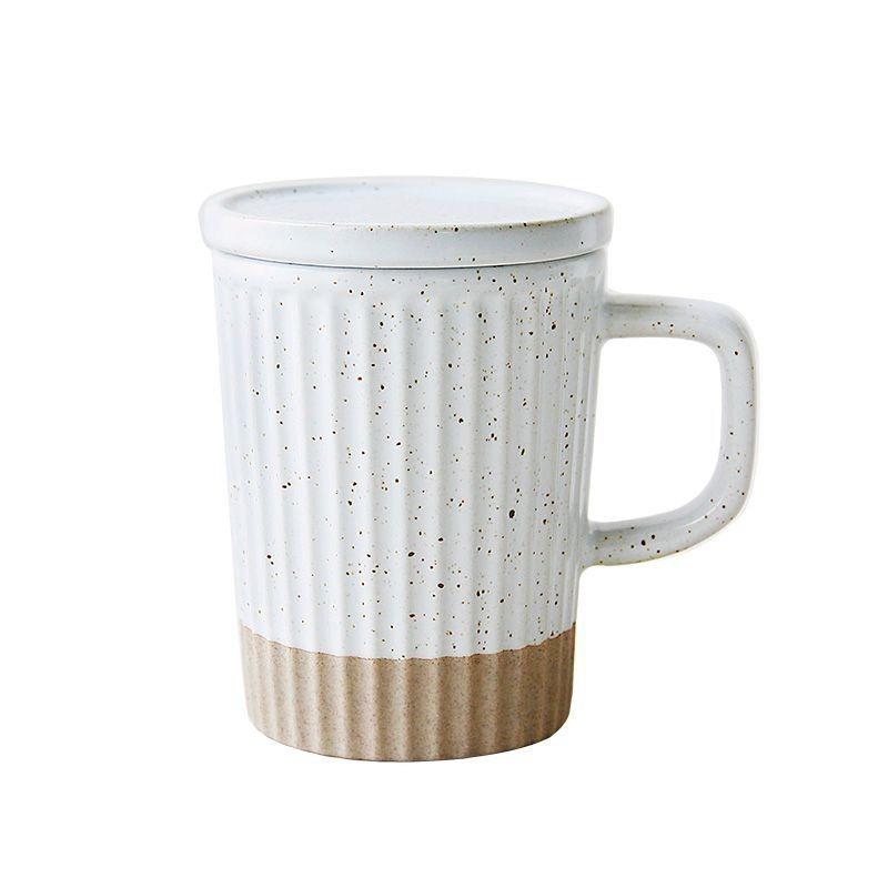 Japanese-style vertical pattern mug with lid ceramic cup simple ins style white sesame glaze coarse pottery coffee cup