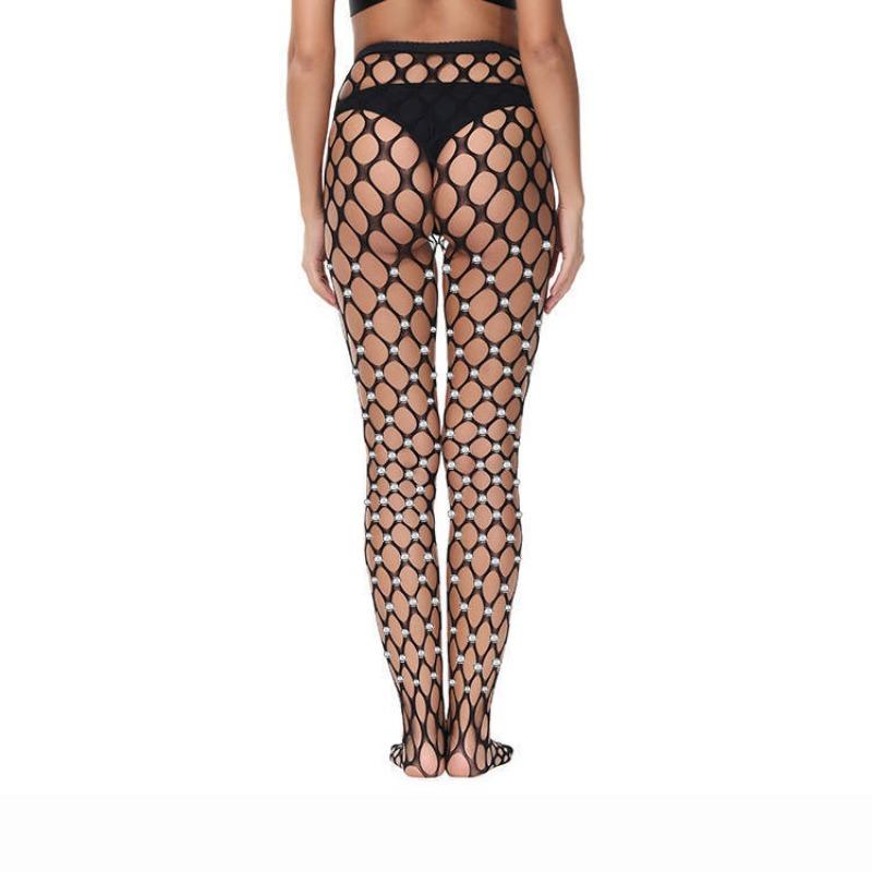 Plus Size Women Sexy Rhinestone Decorated Footed Fishnet Intimate Hosiery