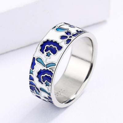 925 Exquisite New Women's for Ring Blue Enamel Flower Ring Fashion Handmade Enamel Jewelry Wedding Bridal Ring