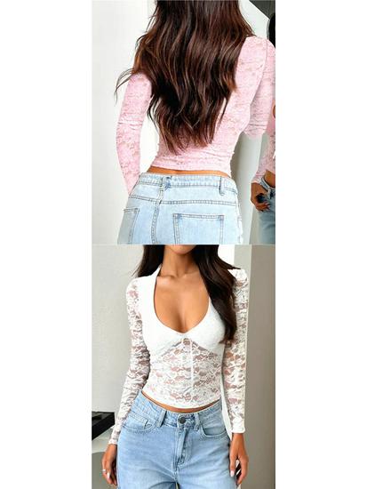 Spring/Summer European-American Sexy Slim Fit Hollow Out Long Sleeve Lace Top