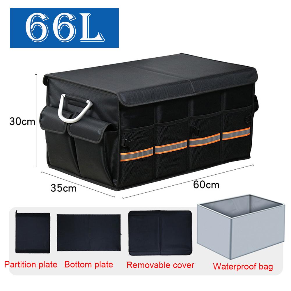 100L 66L Car Trunk Organizer Foldable Heavy Duty Durable Sturdy Collapsible Reflective Strip Storage Box For Sedan SUV Truck Black-66L