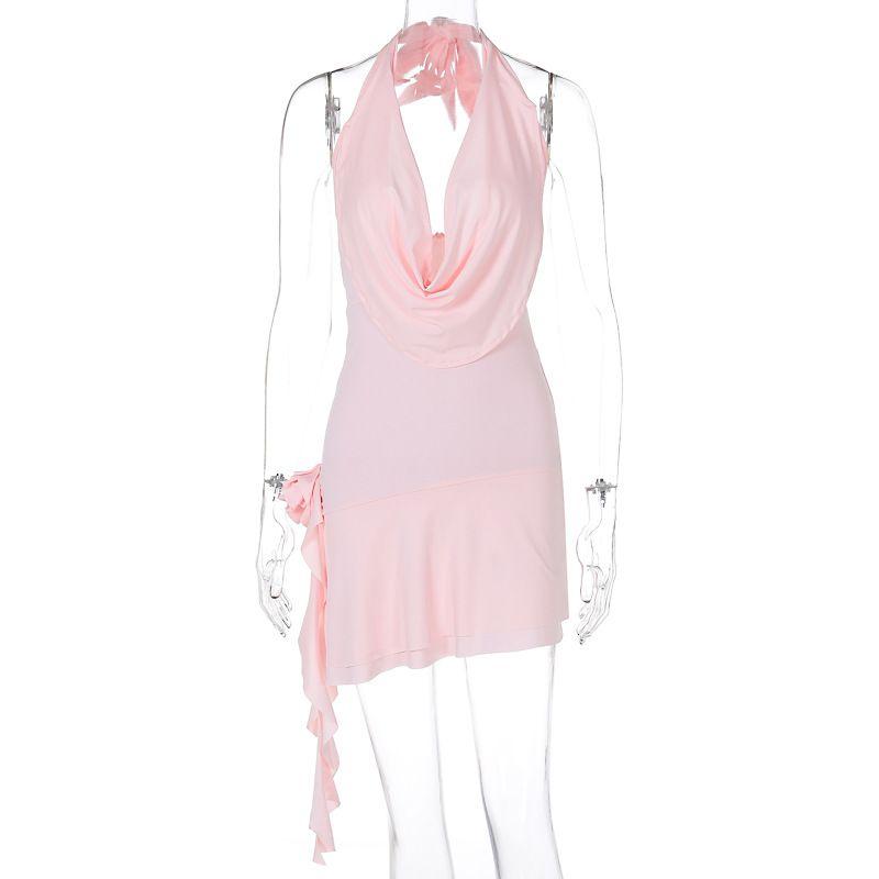 

Fashion Style Short Skirt Fashion Sexy Women s New Stylish Swing Collar Shoelace Flower Decoration Dress Pink Black Pink L