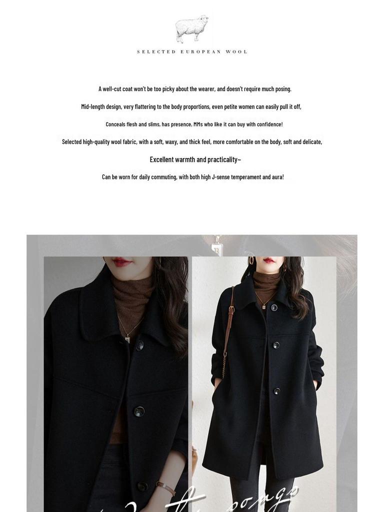 2025 Women's Plus Size Wool Blend Mid-Length Coat with Peter Pan Collar - Korean Fashion for Autumn/Winter