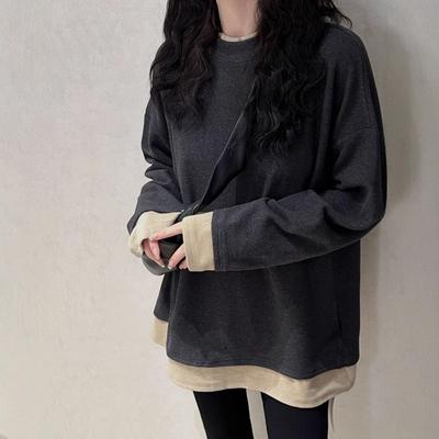 T-shirt de Base à Manches Longues pour Femme Automne Hiver, Coupe Ample, Longueur Moyenne, Fausse Deux Pièces à Couleur Contrastée