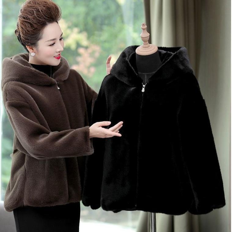 Autumn Winter Women's Long Hooded Fake Mink Fur Jacket Mom Style Integrated Leather and Fur Outerwear Plush Coat