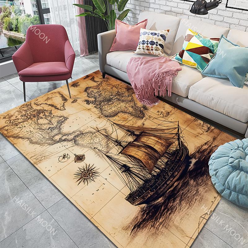 Multi-Size Retro Nautical Chart Pattern Carpet for Living Room Bedroom Sofa Home Decor Non-slip Floor Mat Play  Area Rug