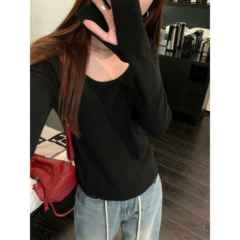 

Однотонный свитер с вырезом лодочкой, открывающим ключицы, женский осенне-зимний вязаный свитер с рукавами-колокольчиками, минималистичный стиль, топ с подкладкой L чёрный