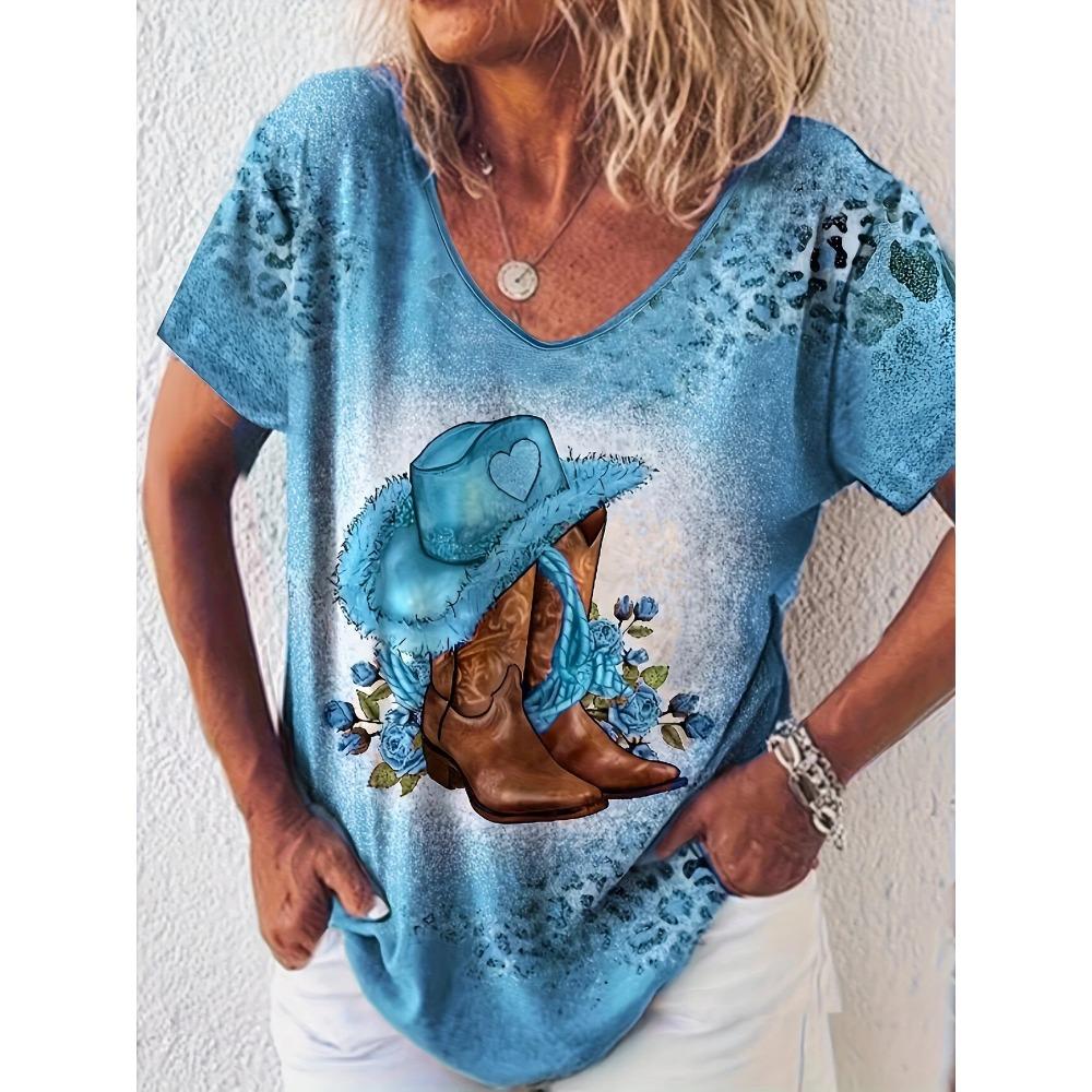 

Western Cowboy T-Shirts Boots Floral Pattern 3D Print Women s V-Neck Short Sleeve T Shirt Y2K Tees Harajuku Tops Female Clothing L