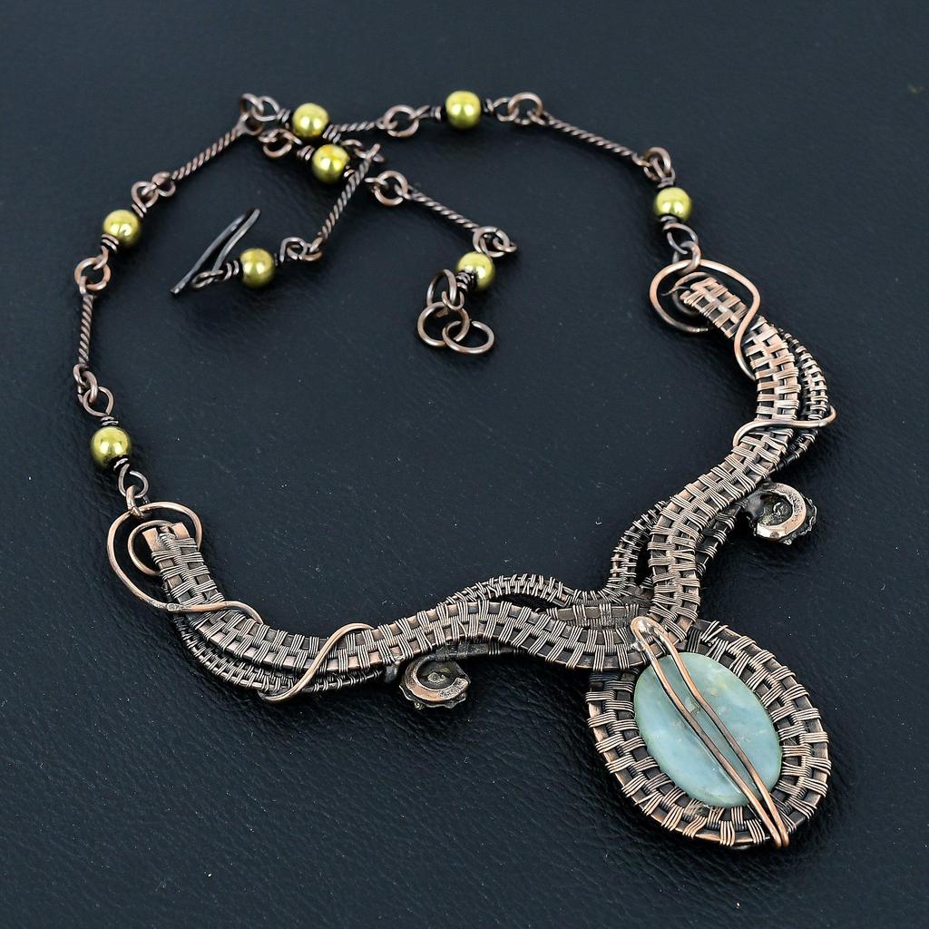 Aquamarine Necklace Handmade Jewelry, 999 Copper Wire Wrapped Necklace Designer Gemstone Jewelry Adjustable Chain Necklace Gift For Mom