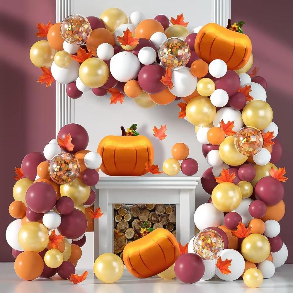 136PCS Autumn Maple Leaf Balloon Garland Set Orange White Pearl Gold Balloon Wreath Set for Birthday and Thanksgiving Decoration