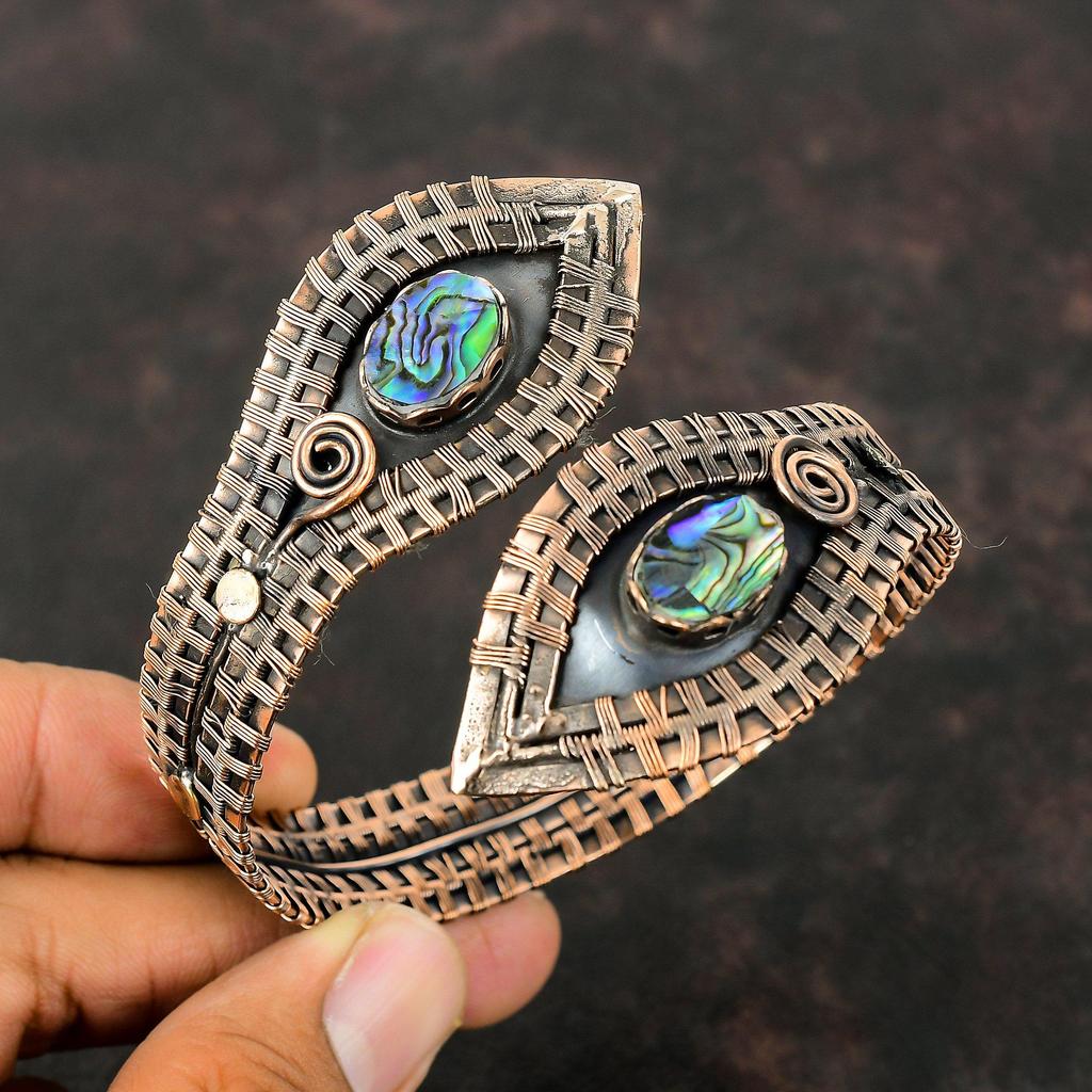 Abalone Shell Gemstone Bangle Copper Wire Wrapped Cuff Bracelet Handmade Bangle Adjustable Cuff Bracelet Antique Copper Jewelry Gift For Mom