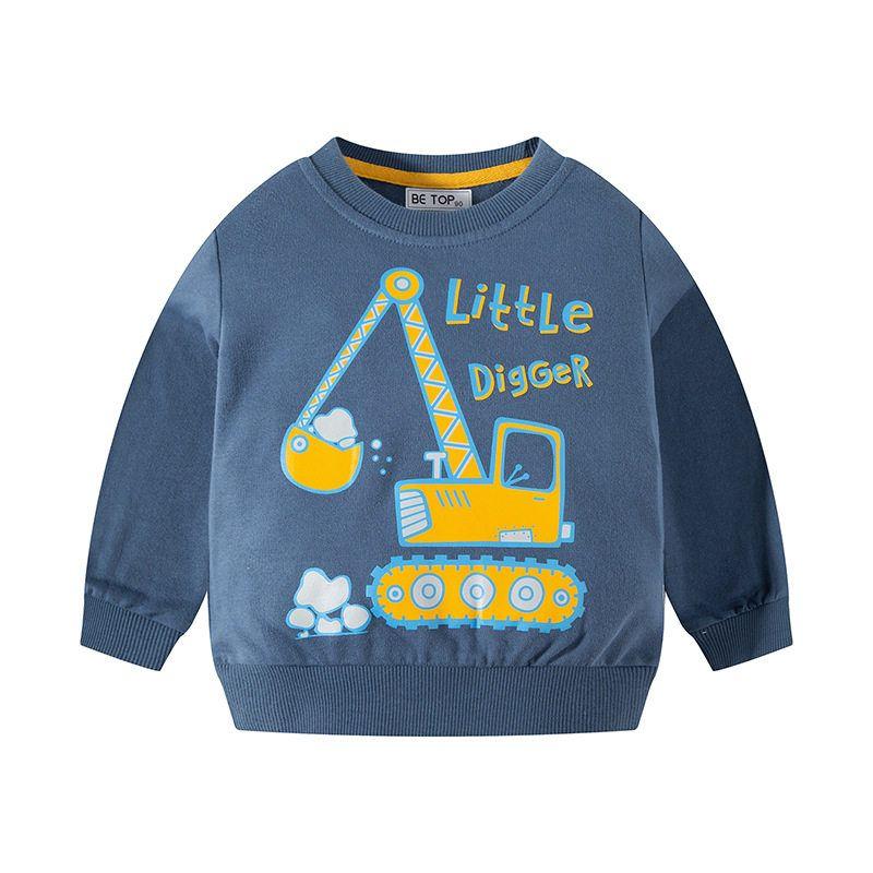 Terry Autumn Cotton Cartoon Excavator Children s Sweatshirt Peacock Blue 130