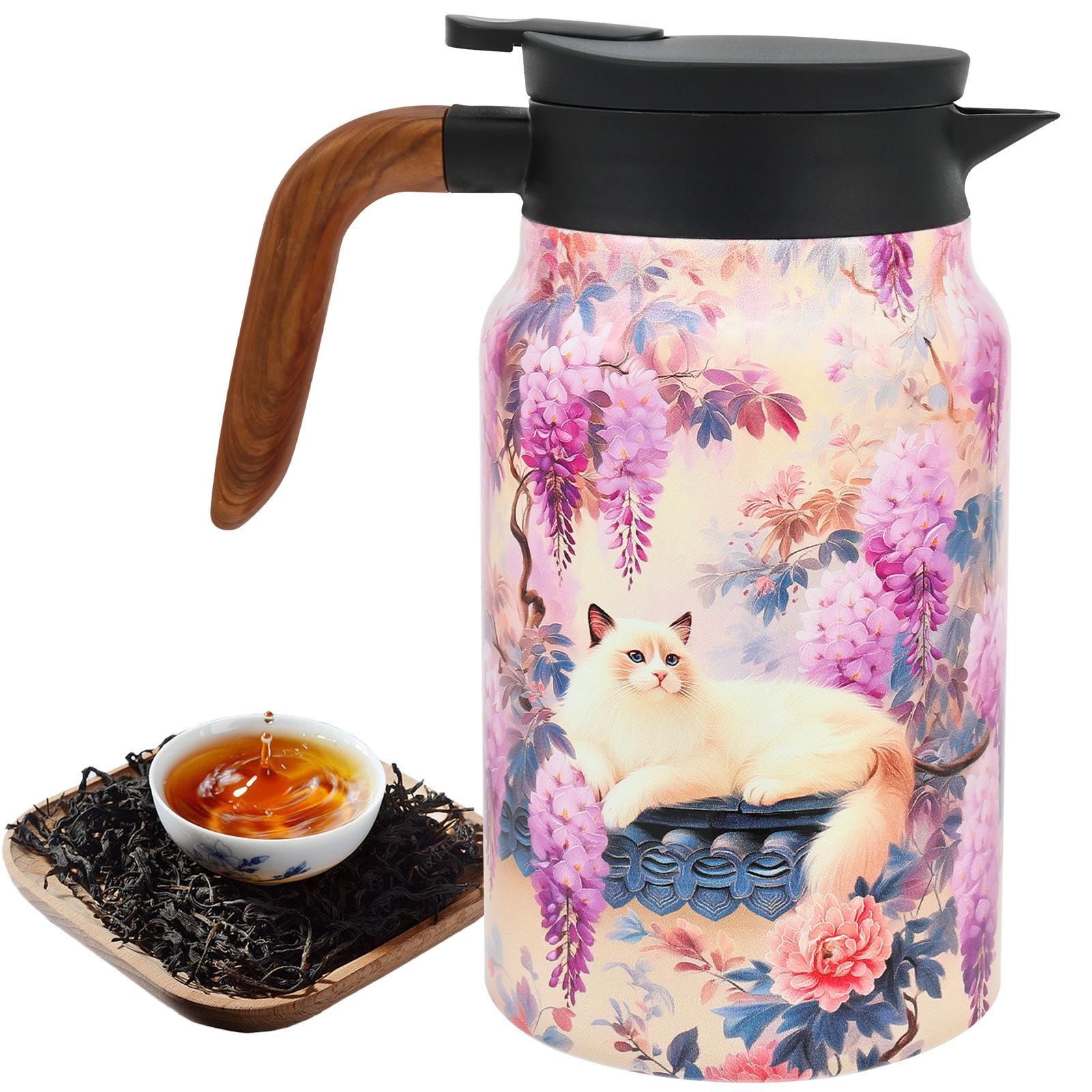 1500ml Vintage Floral Pattern Tea Pot Built in Infuser Stainless Steel Thermal Teapot with Lids Mini Coffee Pot for Hot Drinks