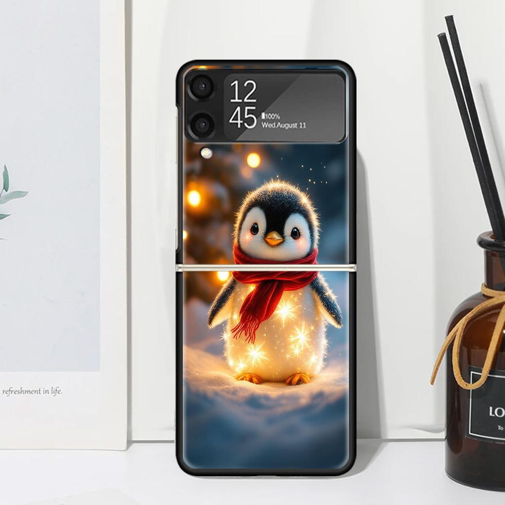 Christmas Penguin Phone Case Cover for Samsung Galaxy Z Flip 7 6 5 4 3 5G Flip3 Flip4 Flip5 ZFlip6 ZFlip7 Black Fundas Galaxy Z