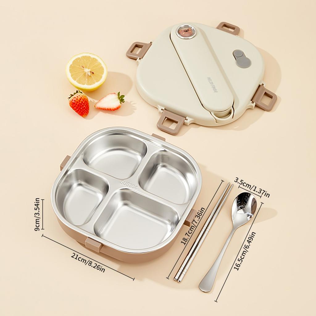 3/4 Grid Portable Square Lunch Container With Cutlery Capybara 304 Stainless Steel Divided Lunch Box For Kids Student Heatable