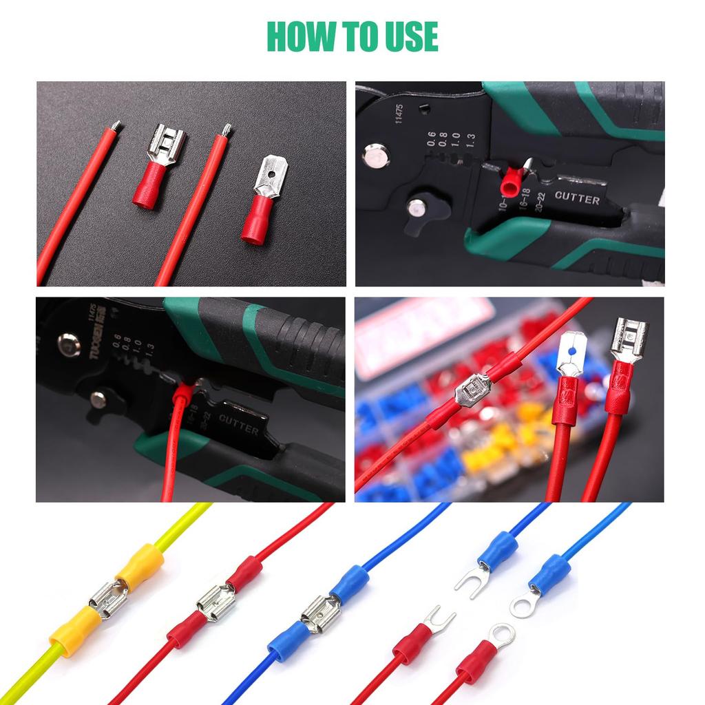 Twidec/Spade Crimp Connectors 2.8mm/4.8mm/6.3mm Male and Female Spade Connector Kit Includes Fork Ring Insulated Wire Connector 15 Types Crimp