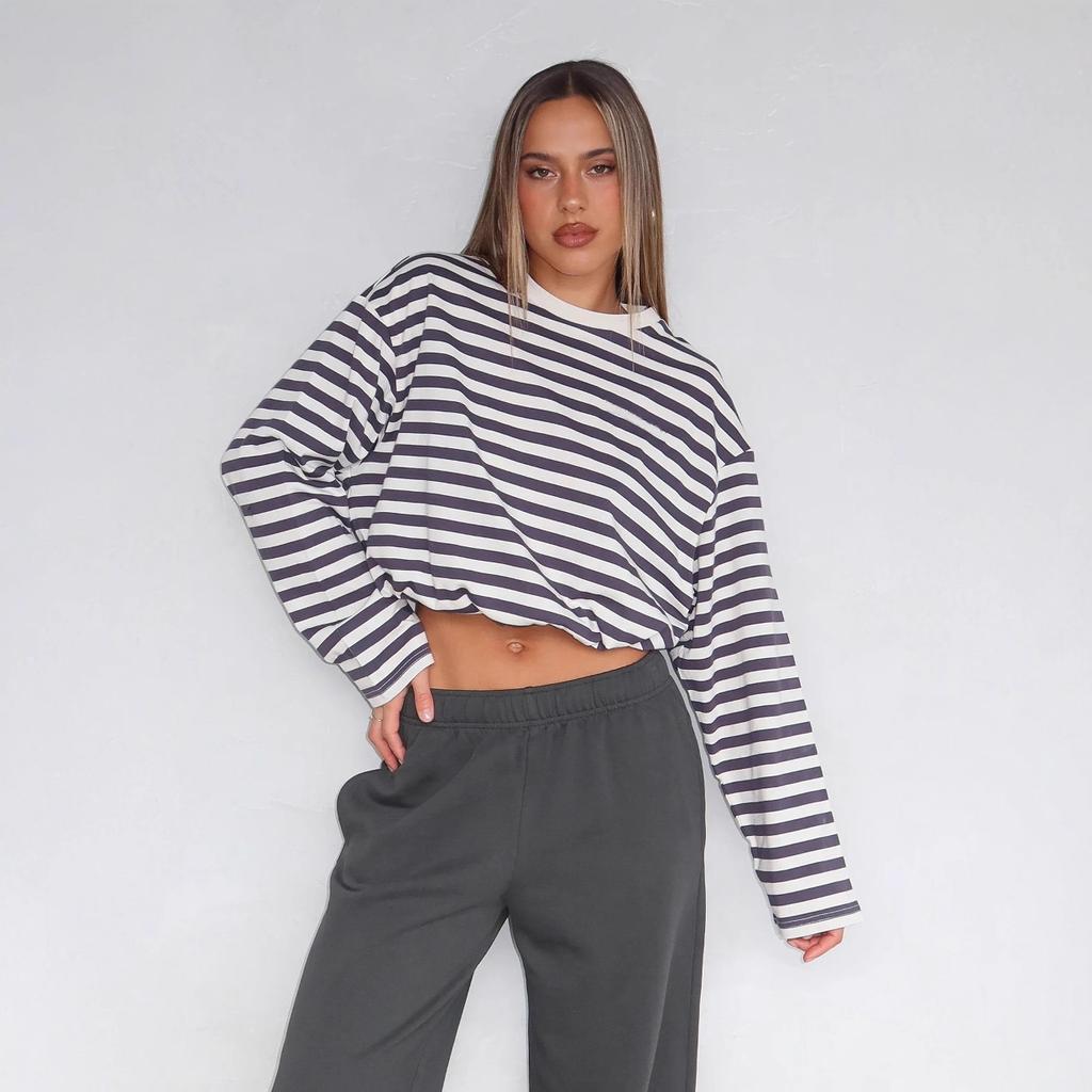 2026 New Women's Casual Pullover Long Sleeve Striped Sweatshirt Loose Korean Style Blouse Tee