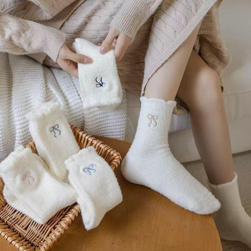 1/5pcs Cozy Hairy Mink Velvet Socks Bow Autumn Winter Hosiery Thickened Plush Socks Warm Sleep Home Fluffy Socks For Women