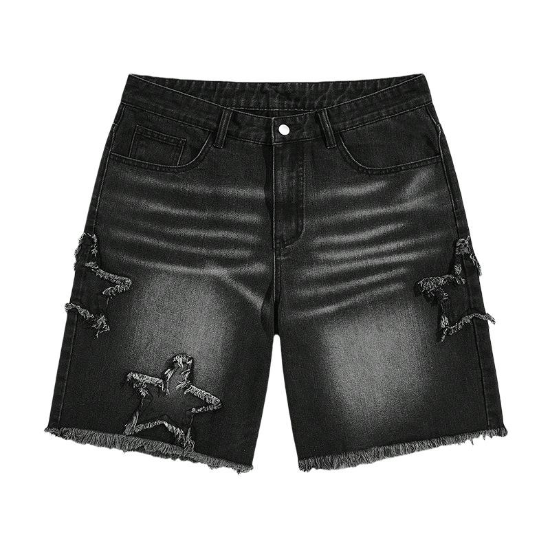 

Summer Men s Denim Shorts Denim Five-point Pants Retro Five-pointed Star Patch Stitching Casual Pants 36 чорний