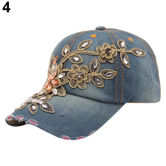 Flower Embossed Rhinestone Denim Baseball Cap Summer Fashion Women Jeans Hat