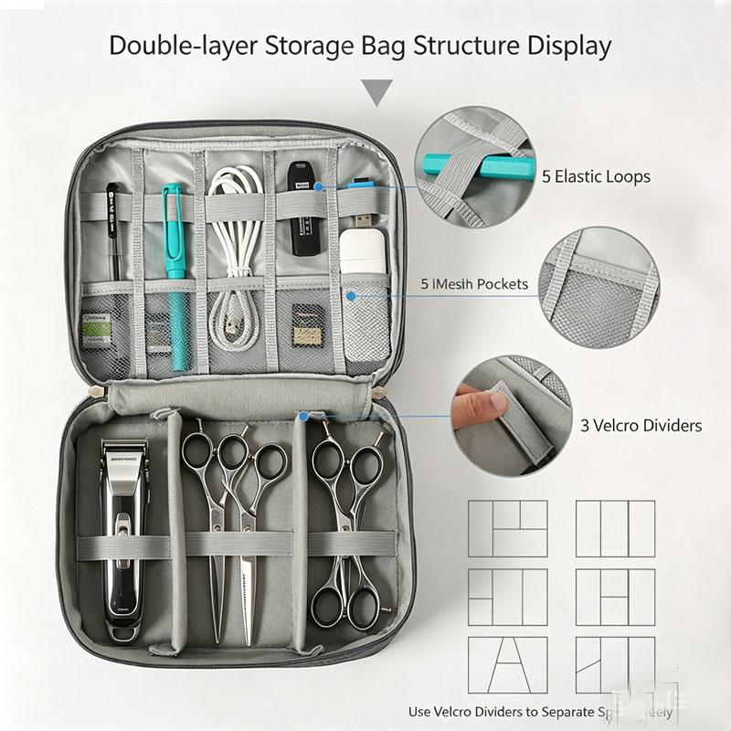 BEPAN Professional Hair Stylist Travel Organizer Double-Layer Barber Hairdressing Tools Storage Case with Elastic Loops & Mesh Pockets