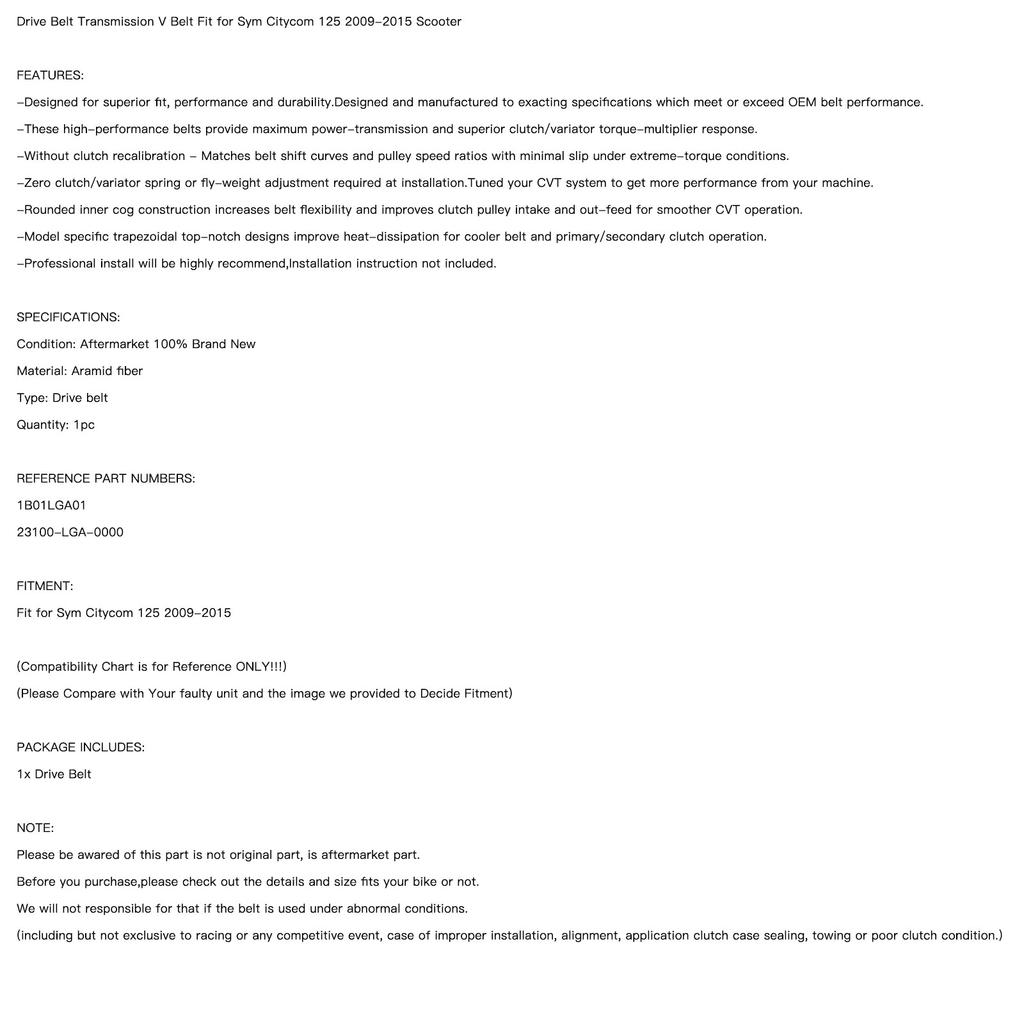 Final Drive Transmission Belt Fit for Sym Citycom 125 2009-2015 23100-LGA-0000