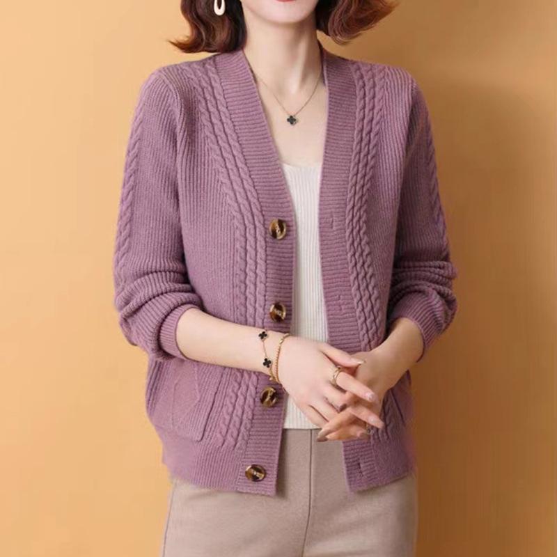 Damen Pullover Jacke Oberteil Locker Herbst und Winter V-Ausschnitt Einreihig Gestrickte Strickjacke