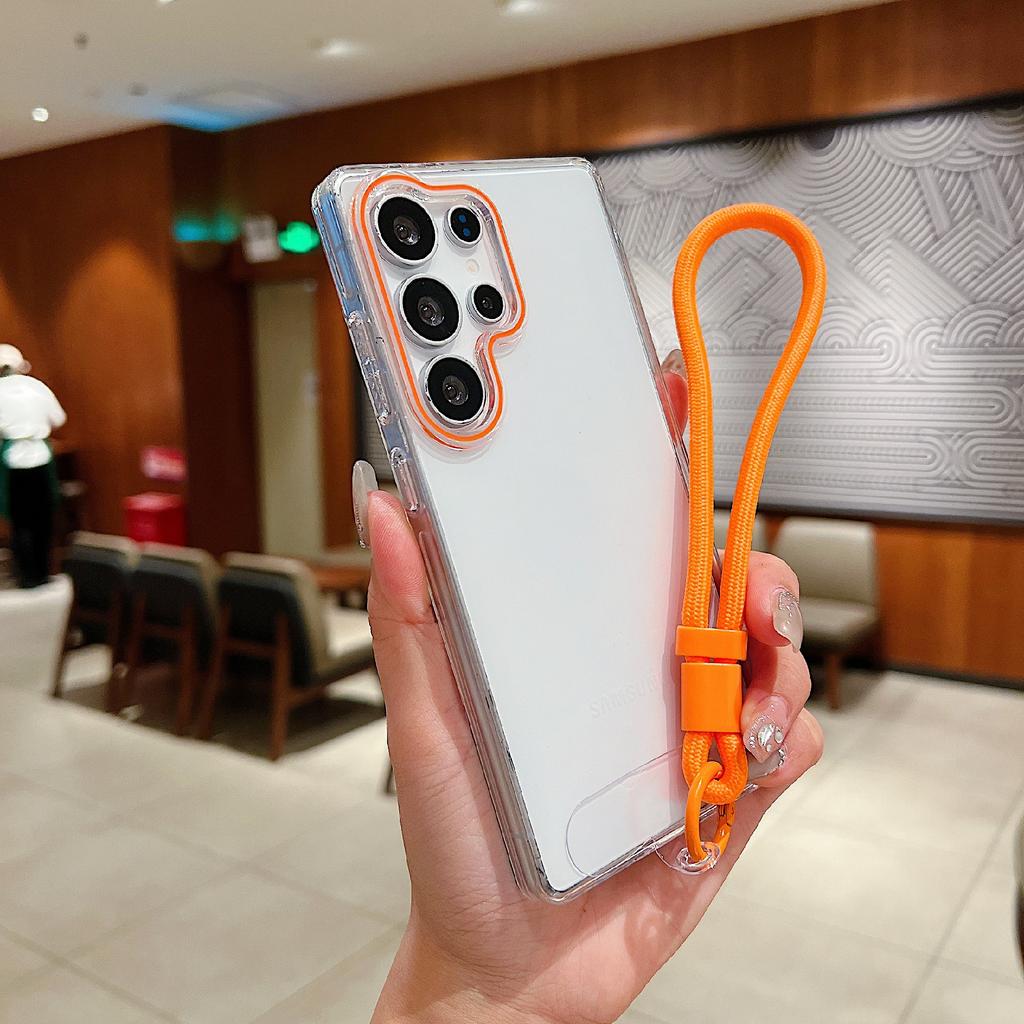 For Samsung Galaxy S25 Ultra Case with Wrist Strap/Orange Camera Edge TPU+PC Shockproof Phone Back Cover