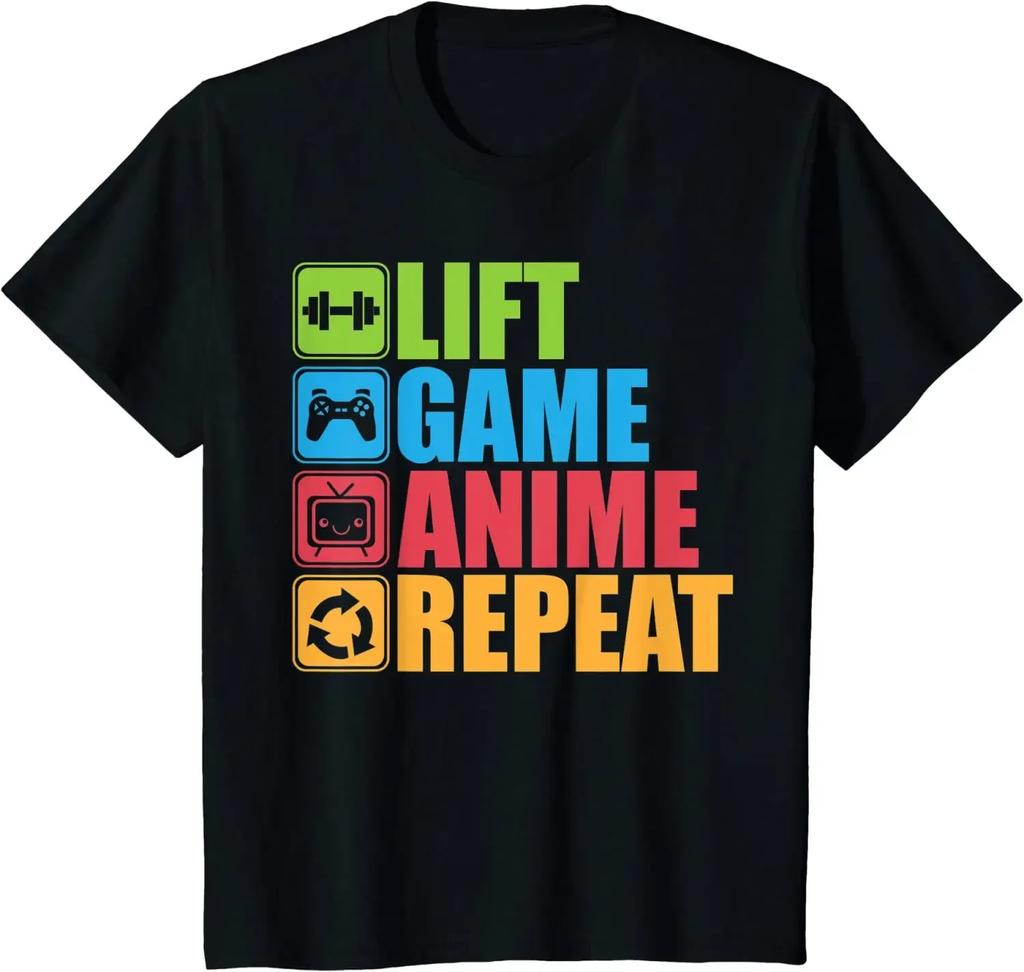 Lift Anime Game Repeat Gym T-Shirt for Men Women Game Lover Men Clothing T Shirt Men Streetwear Cotton Daily Four Seasons
