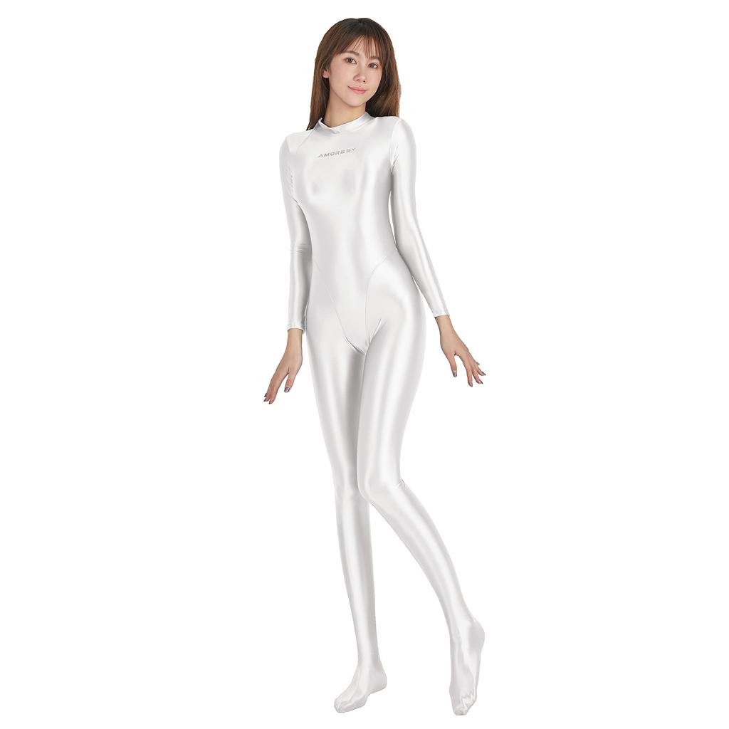 diving suit for Also nylon swimsuits with legs [AMORESY] Shiny, full-body skin-on competitions. available (white, XXL)