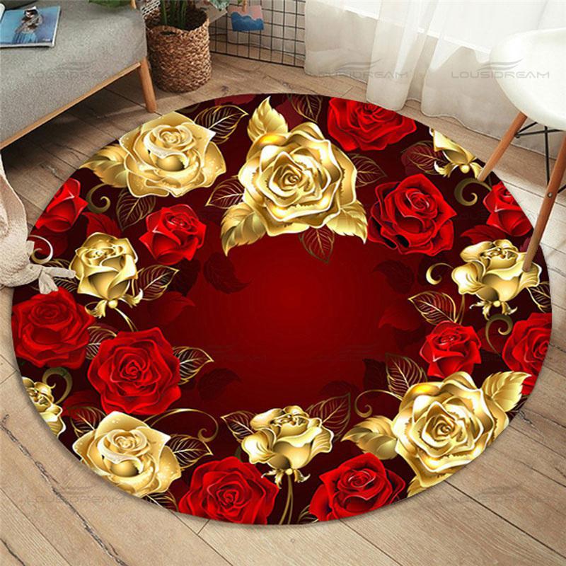 Gold Rose Pattern Floor Mat Fashion Round Rose Rug Home Anti-slip Children's Bedroom Rug Living Room Rug Home Decor Floor Mats