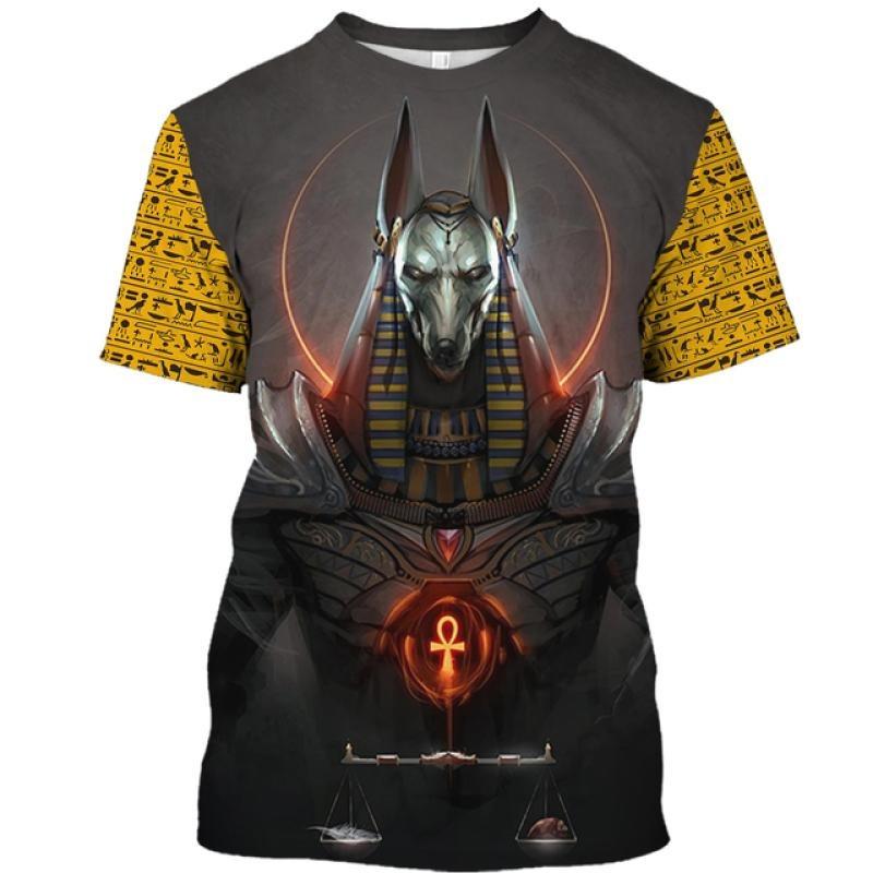Ägyptisches Pharaonenmuster Herren T-Shirt Gold Einzigartige Persönlichkeit Trend O-Ausschnitt T-Shirts Ägypten Anubis Sensenmann Kurzarm Tee