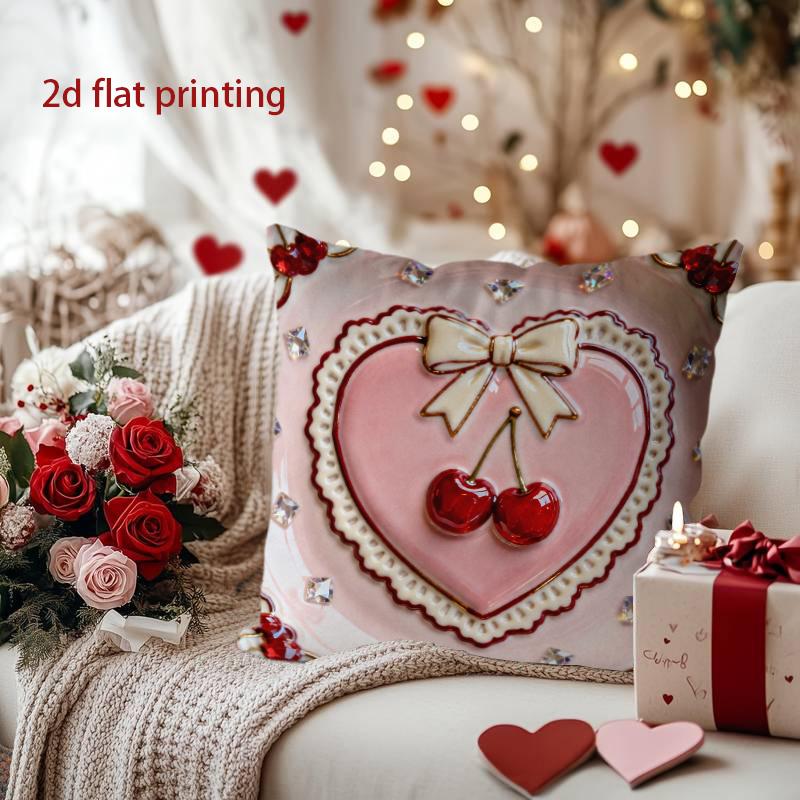 Heart-Shaped Pillow with Cherries and Bow Decoration Pattern Cushion Cover Suitable for Sofa Bedroom Car Pillow Cover