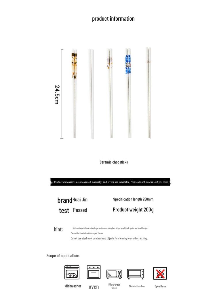 10 Pairs of High-Temperature Fired Gold Ceramic Chopsticks - Fade and Deform Resistant Bone China for Household Use