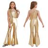 Kids Sparkly Jumpsuit Off-shoulder Sleeveless Sequin Tassels Flared for Pageant Show
