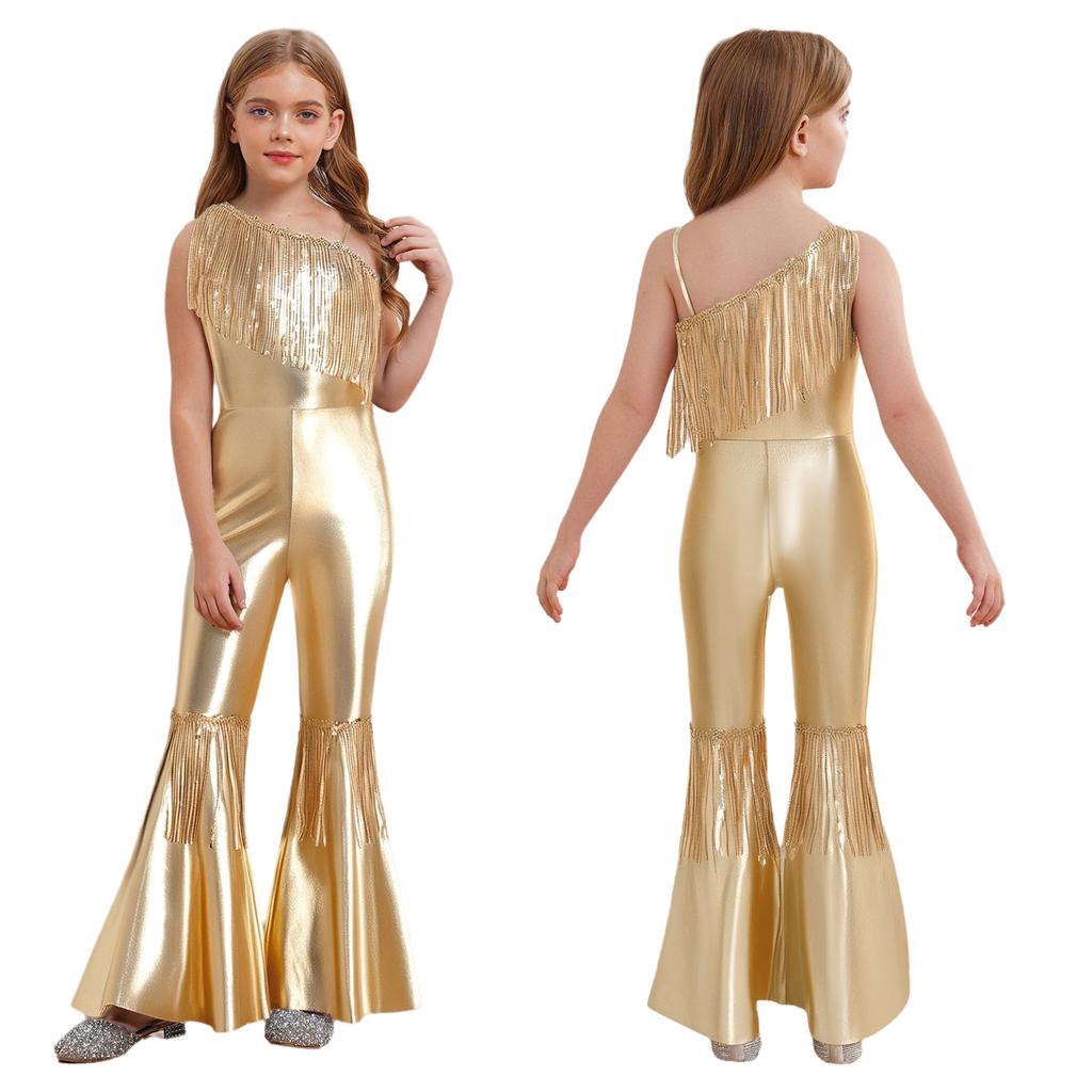 Kids Sparkly Jumpsuit Off-shoulder Sleeveless Sequin Tassels Flared for Pageant Show