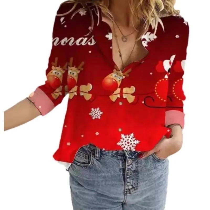 Women's Long Sleeve Shirts Sweet Cute Christmas Santa Claus Print Turn-down Collar Button Shirt Autumn New Streetwear Clothing