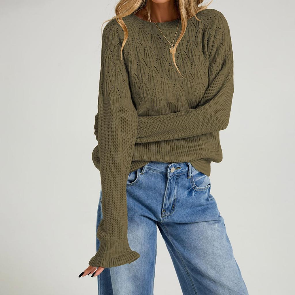 Women's Casual Pullover Sweater with Round Neck and Long Sleeves for Everyday Wear