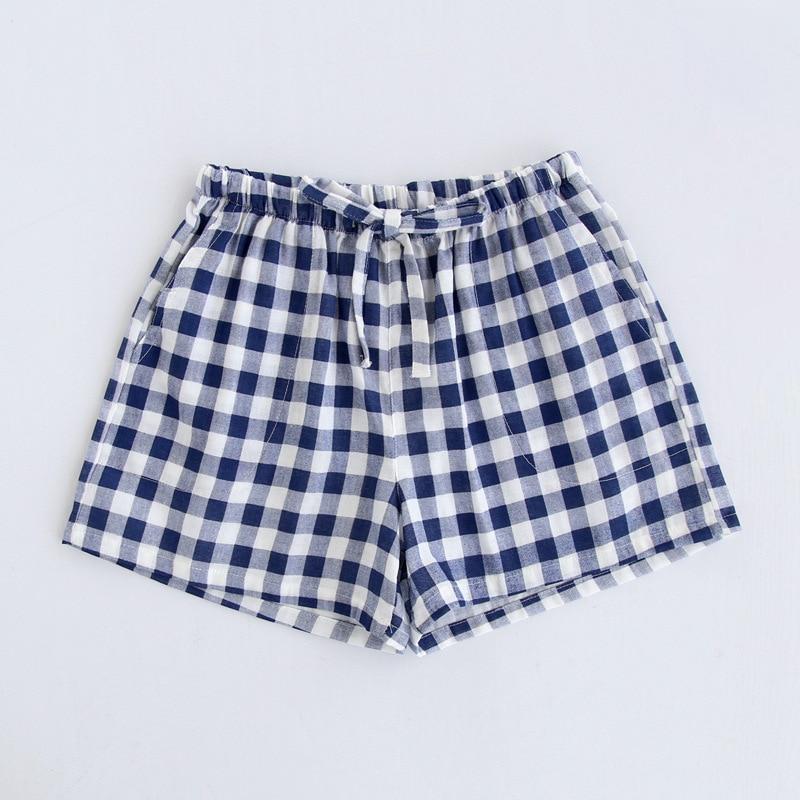 Paar Pyjamas Sommer Baumwolle Gaze Shorts japanischen Stil einfache elastische Taille lässig große Gitter Männer und Frauen Heimhosen